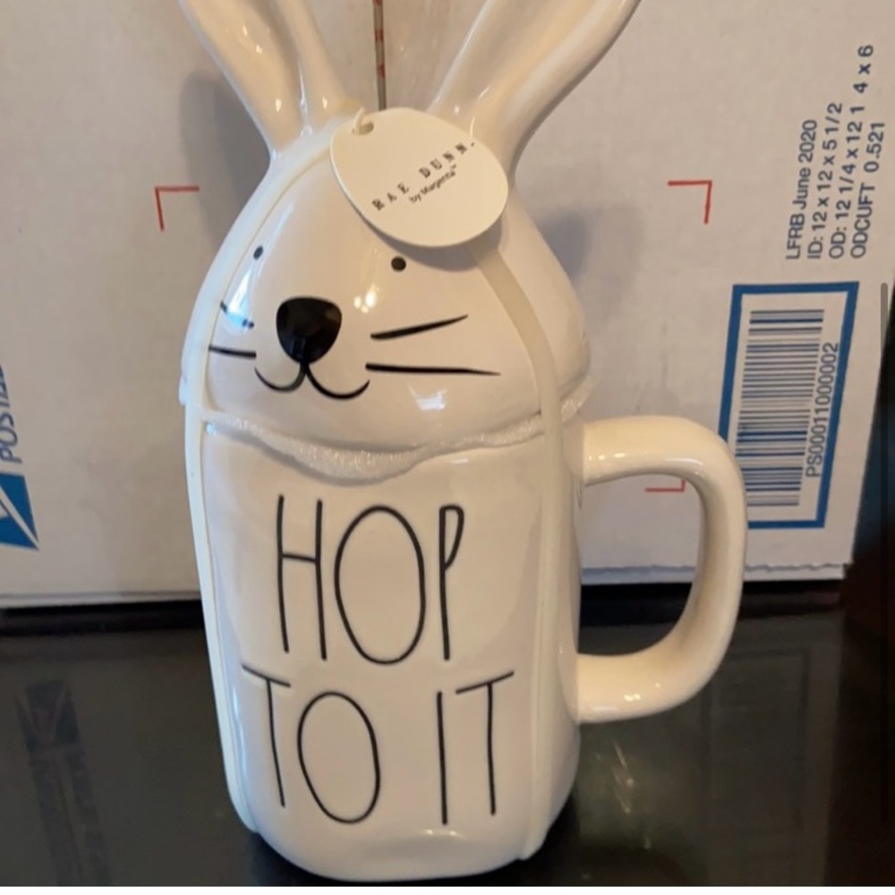 Final price accepted 🤍🤍 NWT Rae Dunn Hop to it mug and topper
